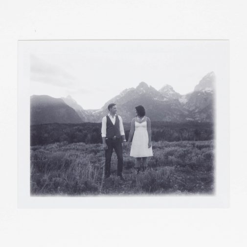 Polaroid wedding photo in black and white.