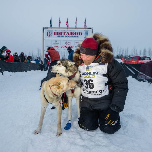 Aaron Burmeister at the Finish with his Dog Team